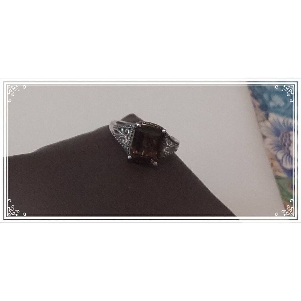 Gorgeous 1 Ct. Emerald Cut Filigree Design Smokey Quartz Ring Sz 8